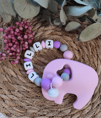 Silikongreifling Elefant personalisiert Babyrosa Neonrosa mint mit Glöckchen
