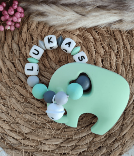 Silikongreifling Elefant personalisiert mint, grau, hellgrau mit Glöckchen