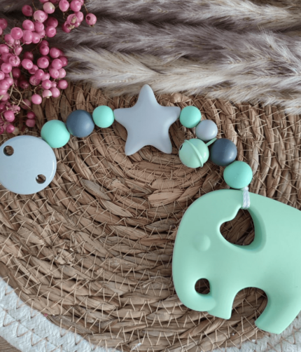 Beißkette Elefant Mint, grau, hellgrau mit Glöckchen