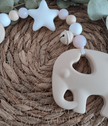 Beißkette Elefant beige, rosa, perlmutt, weiß mit Glöckchen