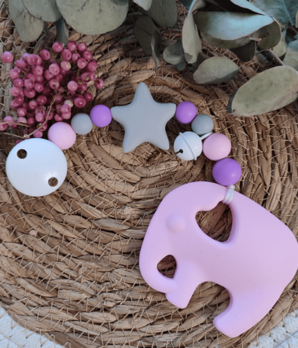 Beißkette Elefant lila, hellrosa, hellgrau mit Glöckchen