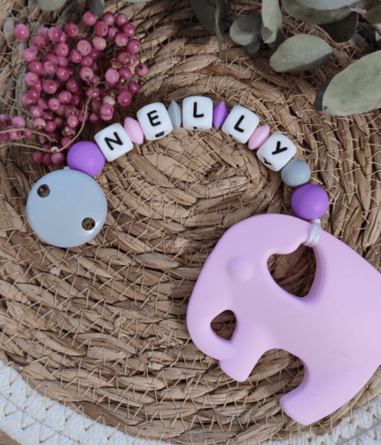 Beißkette Elefant lila, hellrosa, hellgrau