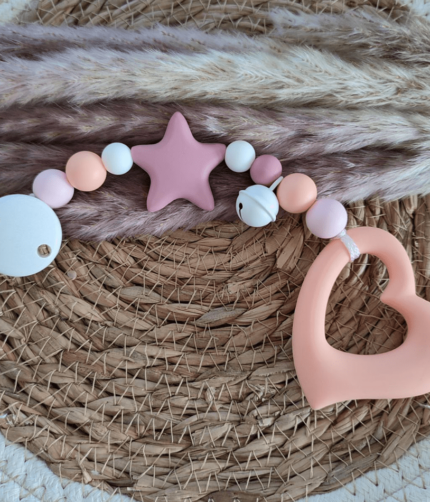 Beißkette Herz blush, altrosa, pfirsich, weiß mit Glöckchen