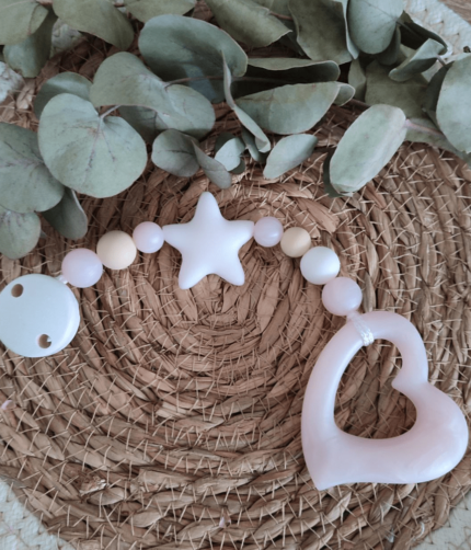 Beißkette Herz lila, hellrosa, hellgrau