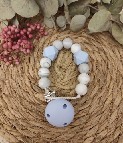 Silikonschnullerkette ohne Namen, Nuckelkette Sechseck, Hexagon, Oktaeder, marmor, hellblau